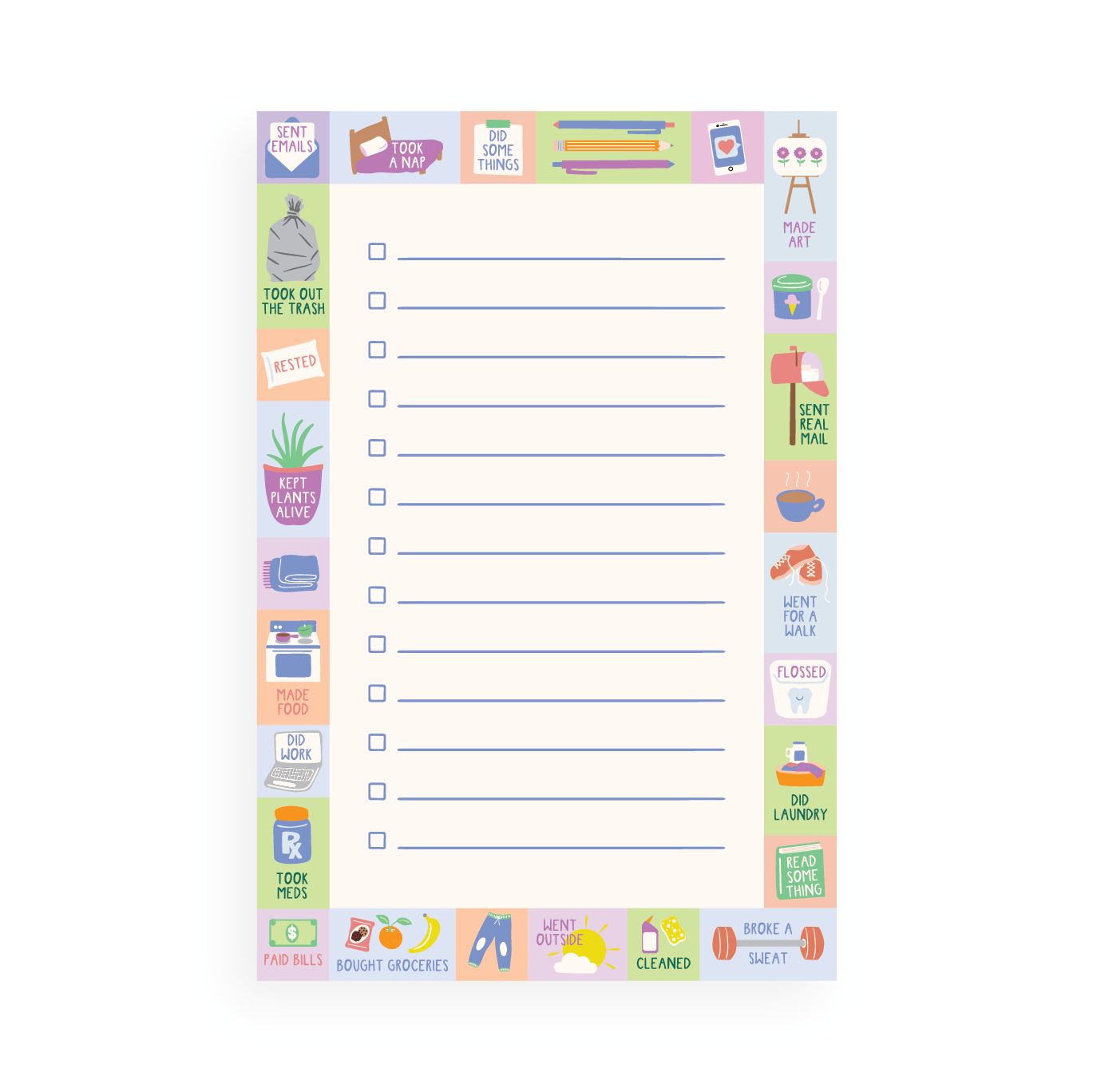 Everyday Wins Notepad with checklist design and colorful illustrated task reminders around the border.