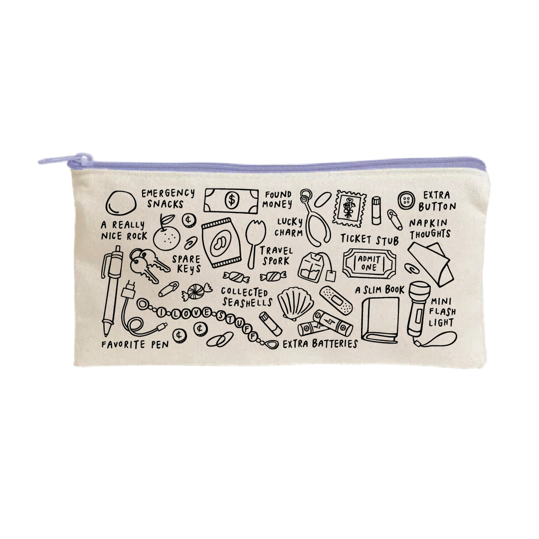 Beige fabric pouch with a light purple zipper, decorated with whimsical black line drawings and handwritten labels including items like emergency snacks, travel spark, extra batteries, and a slim book.