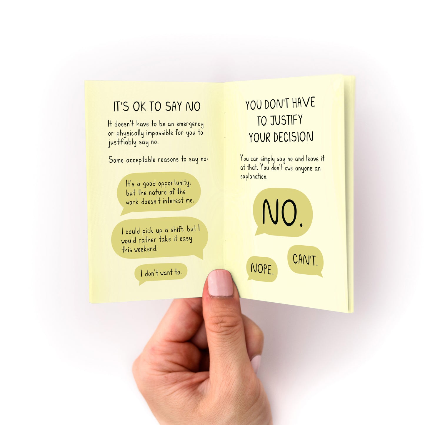 Ways to Say No Zine showing tips for saying no with phrases in a small 16-page printed booklet