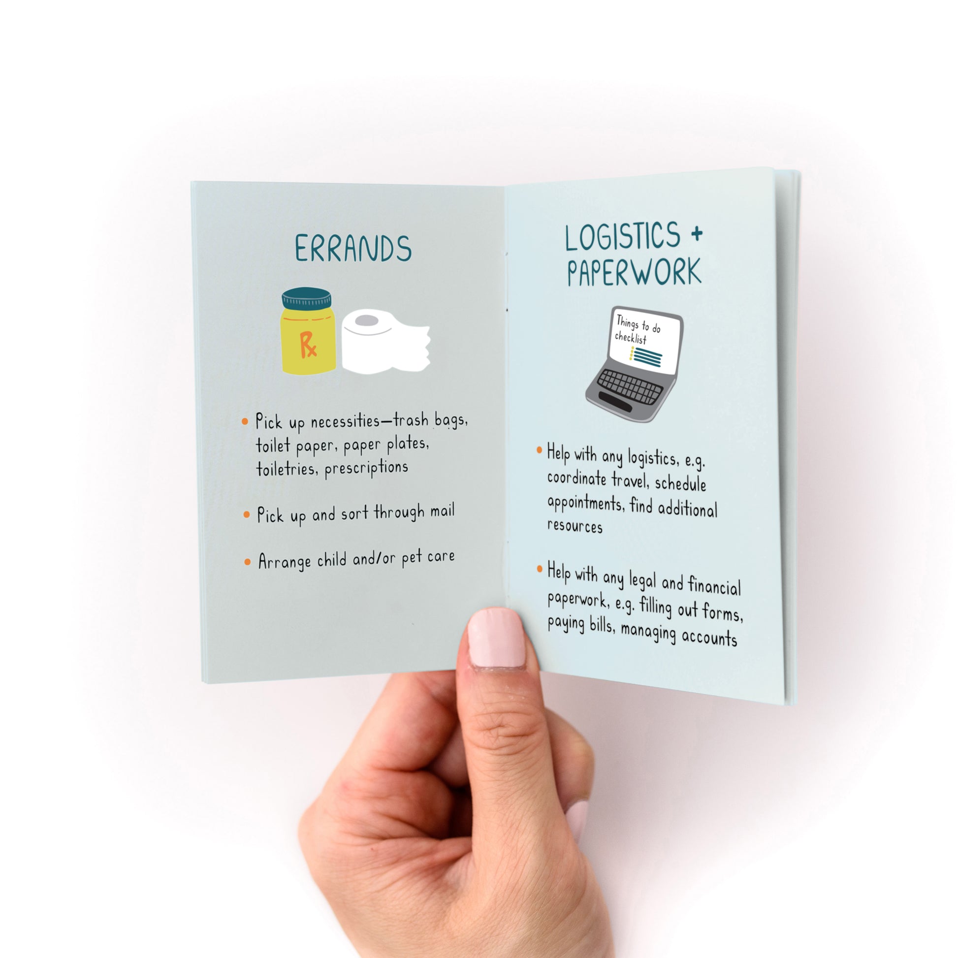 Hand holding an open "How to Support Someone Zine" showing errands and logistics tips with illustrations.