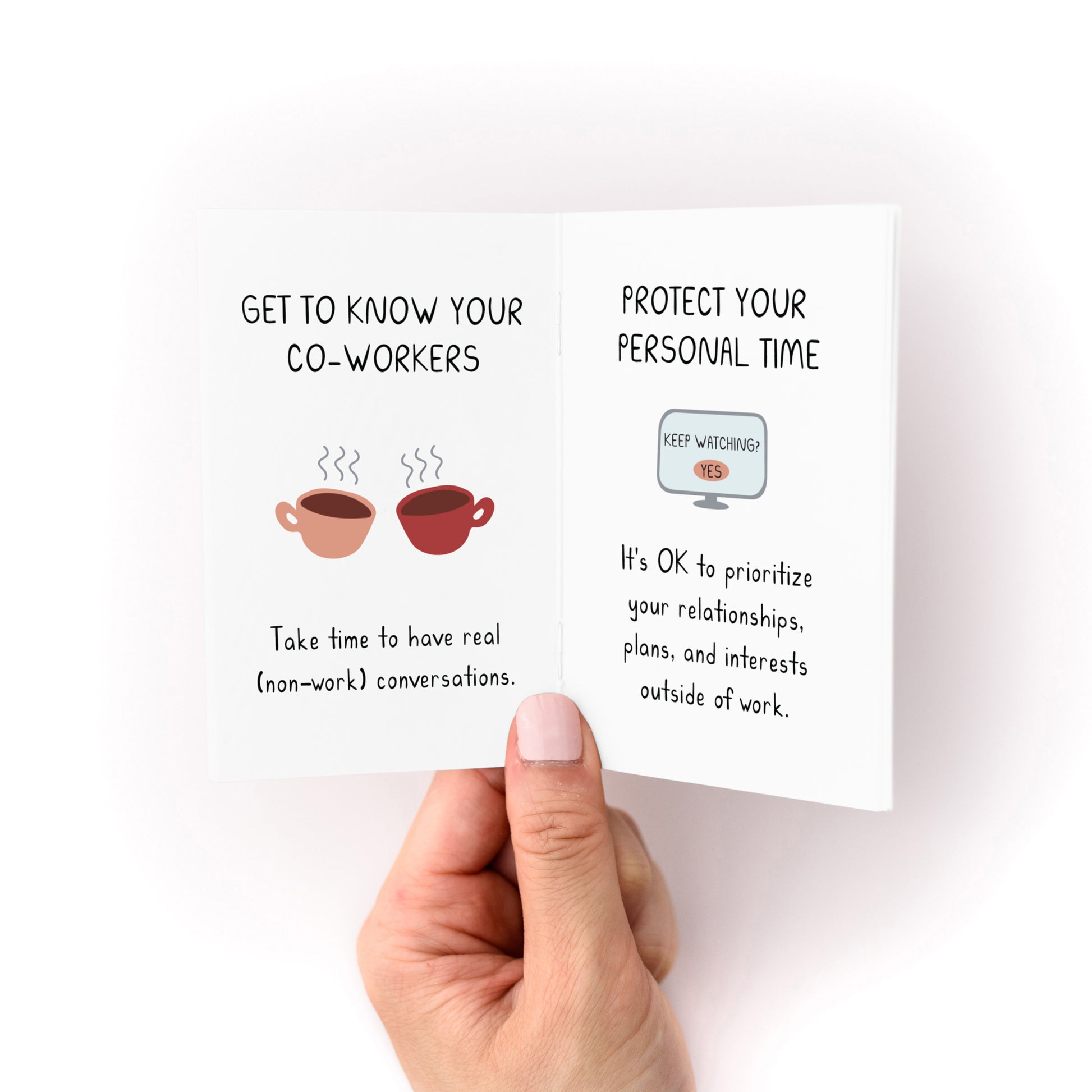 A person holding the Working is Hard Zine open to pages about co-workers and protecting personal time.