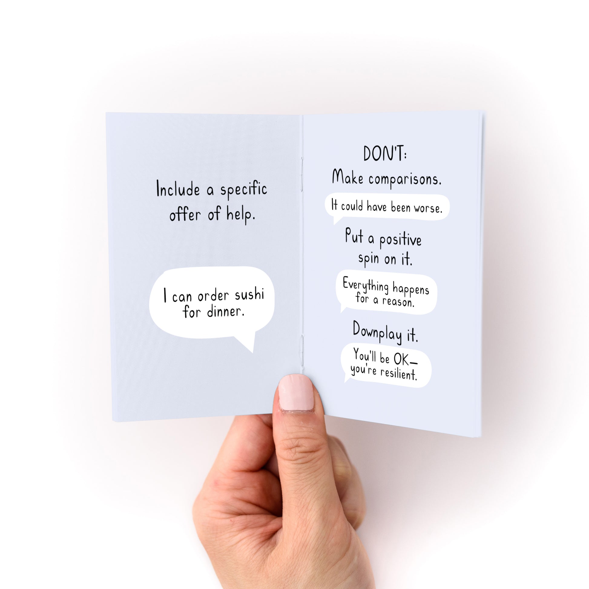 What to Write in a Condolence Card Zine showing advice on offering help and what not to say in sympathy cards.