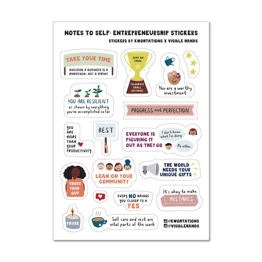 Affirmations for Entrepreneurs Sticker Sheet with 28 clear motivational stickers for planners, laptops, and water bottles.