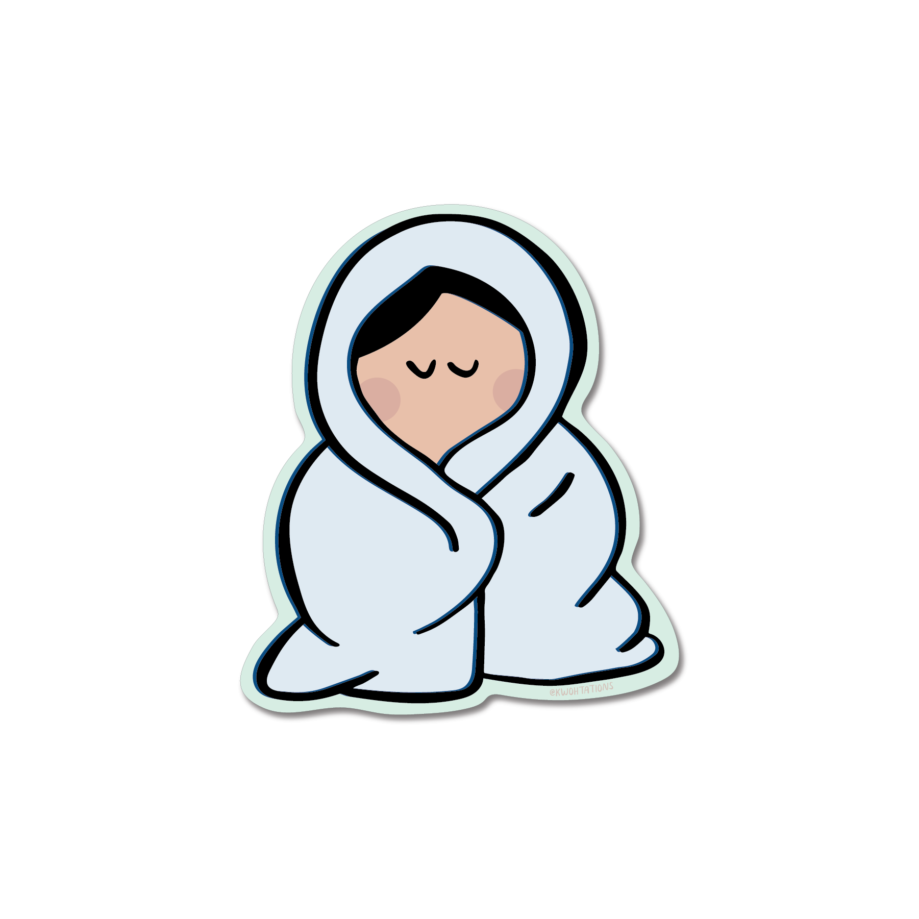 Cozy Sticker showing a person wrapped peacefully in a thick blanket, perfect for laptops or water bottles.
