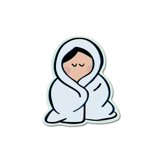 Cozy Sticker showing a person wrapped peacefully in a thick blanket, perfect for laptops or water bottles.