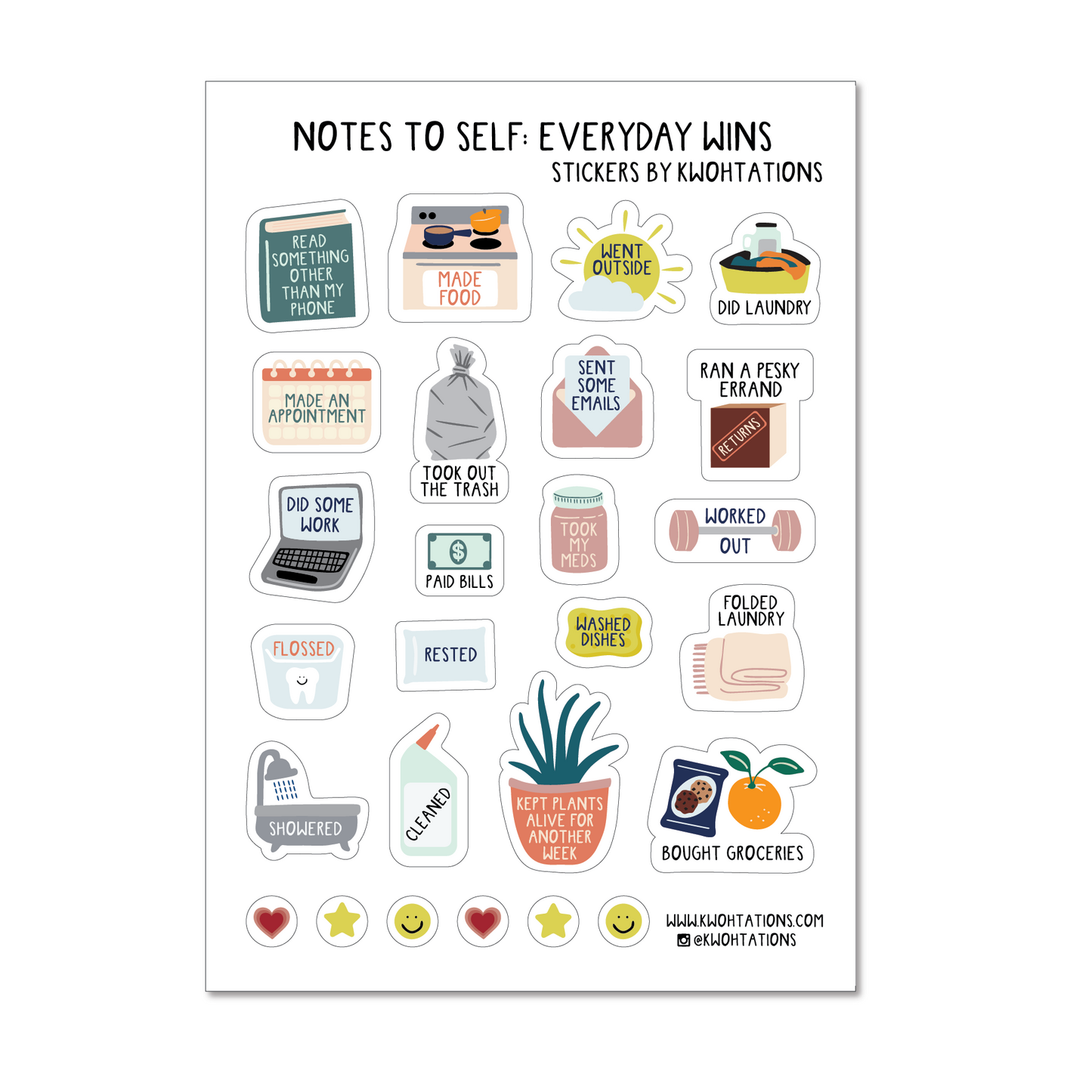Everyday Wins Sticker Sheet with 26 clear stickers for celebrating daily achievements and routines, 5x7 inches.