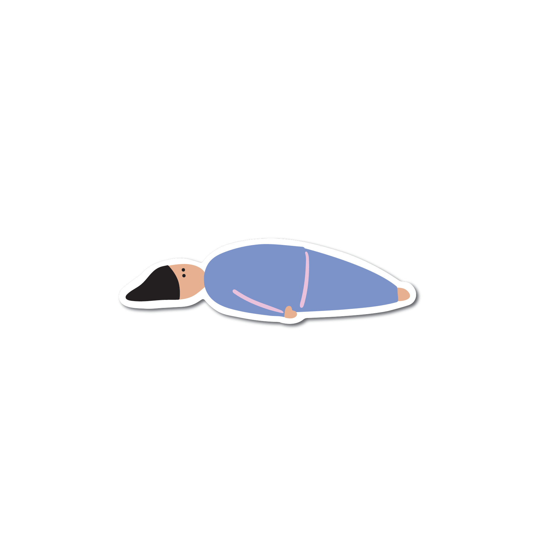 Lying Down Sticker showing a person in blue lying flat, matte vinyl, durable, dishwasher safe, 3 inches long.