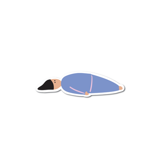 Lying Down Sticker showing a person in blue lying flat, matte vinyl, durable, dishwasher safe, 3 inches long.