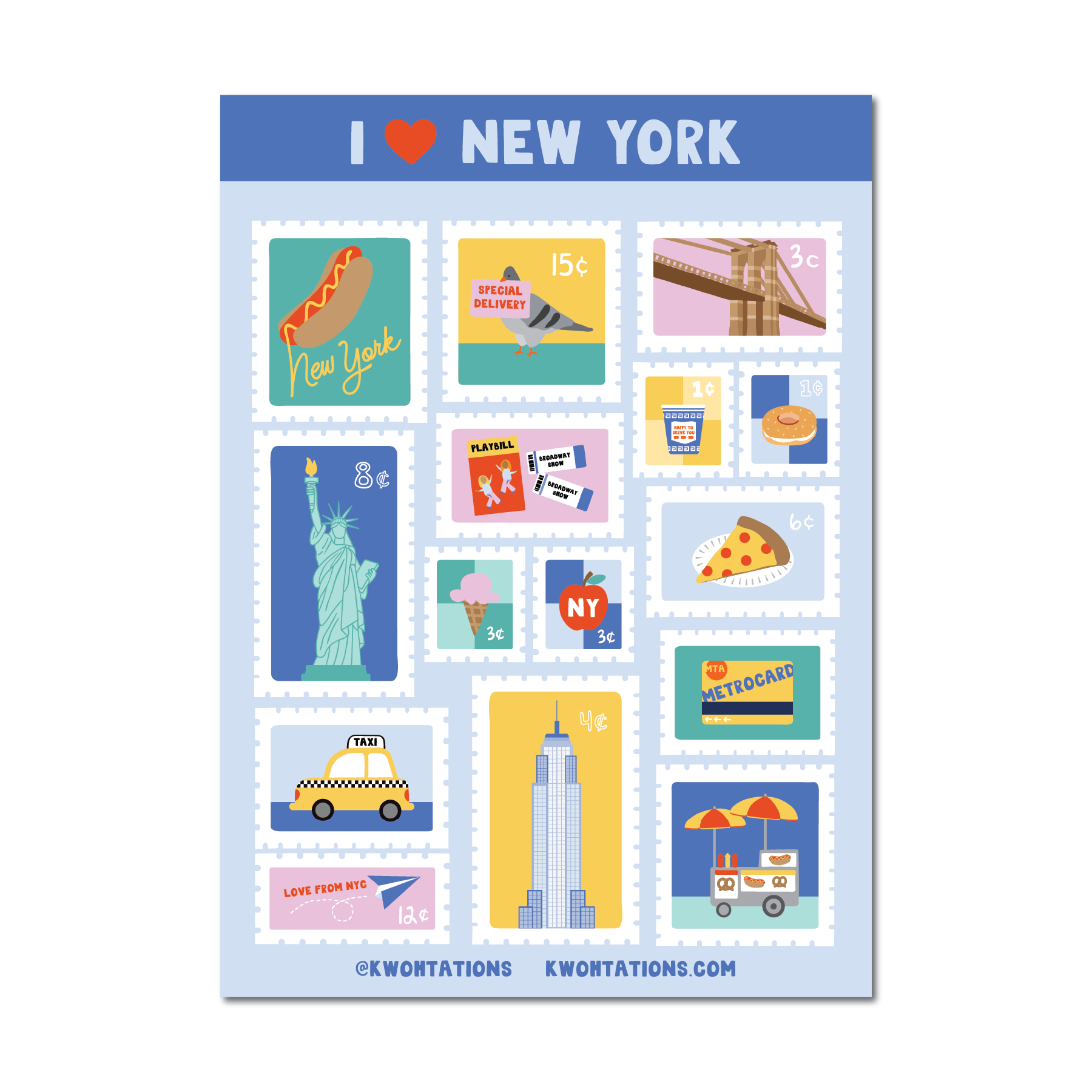 I Heart NYC Sticker Sheet with 15 colorful vinyl stickers featuring New York icons and symbols on a 5x7 sheet