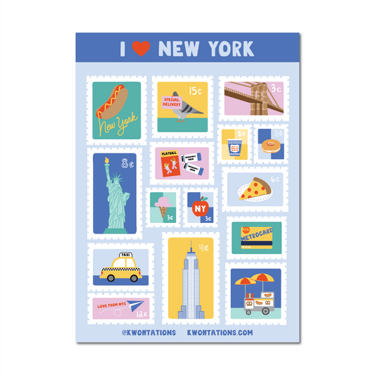 I Heart NYC Sticker Sheet with 15 colorful vinyl stickers featuring New York icons and symbols on a 5x7 sheet