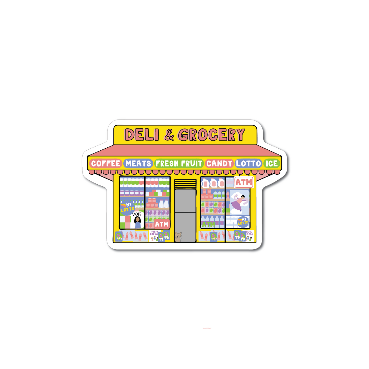 NYC Bodega Sticker showing a colorful deli and grocery storefront with various product signs on durable vinyl.