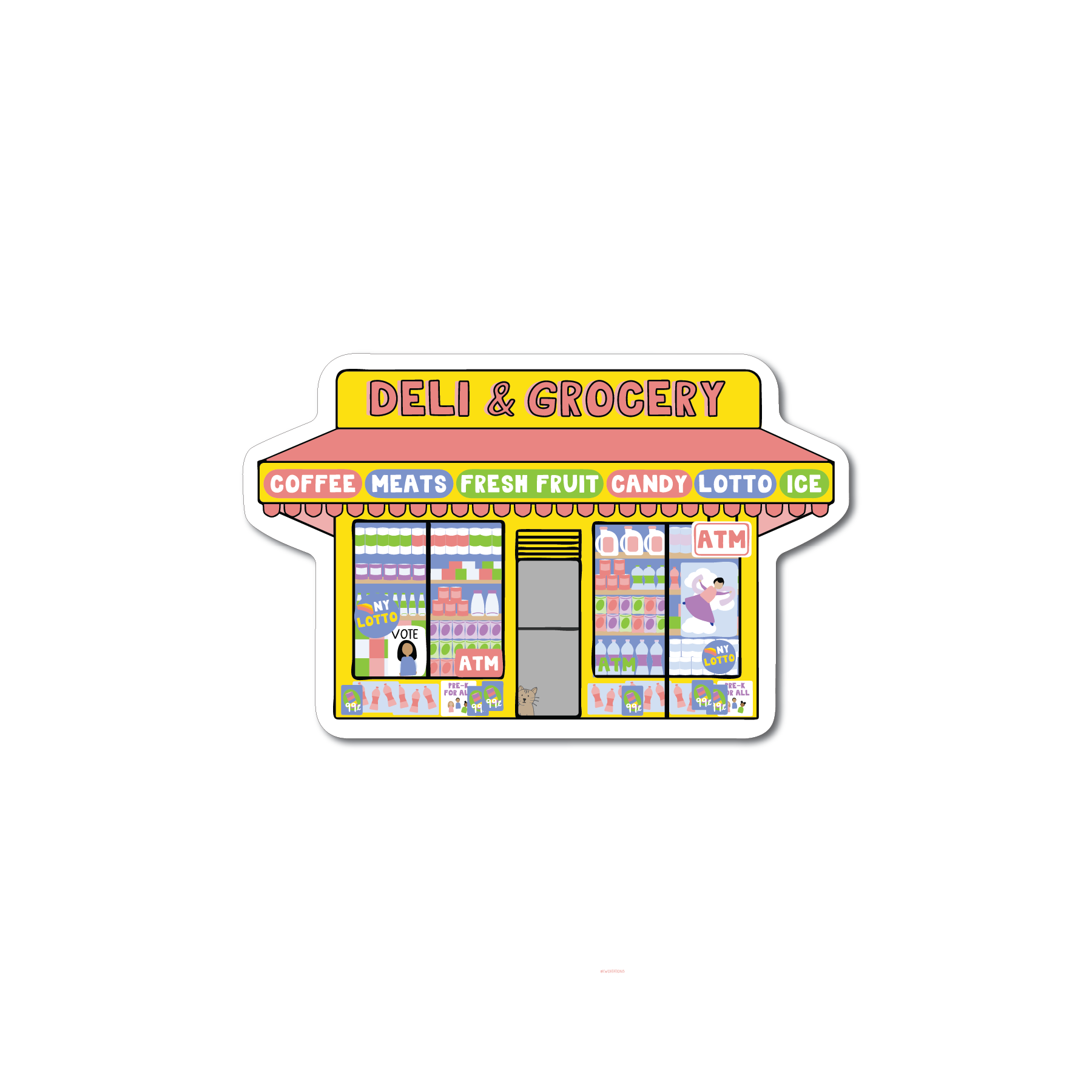 NYC Bodega Sticker showing a colorful deli and grocery storefront with various product signs on durable vinyl.