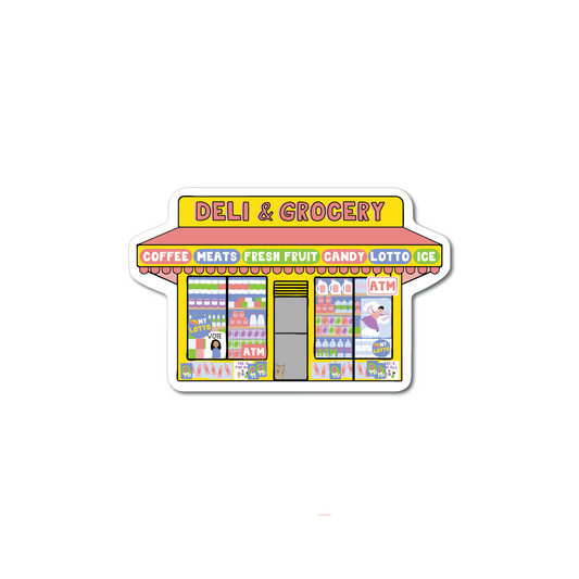 NYC Bodega Sticker showing a colorful deli and grocery storefront with various product signs on durable vinyl.