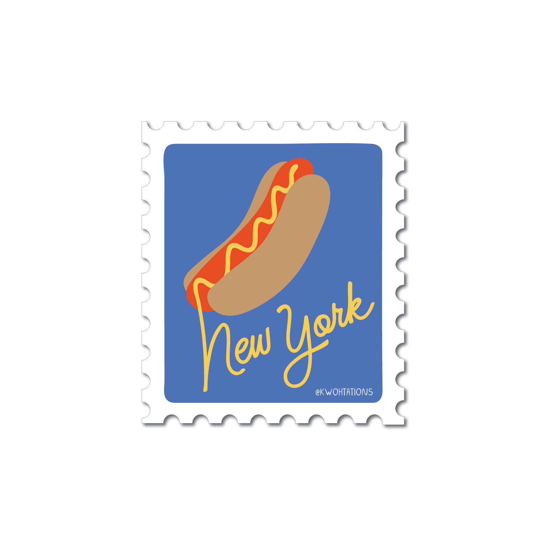 NYC Hot Dog Sticker featuring a hot dog with mustard and ketchup on a blue background shaped like a postage stamp.