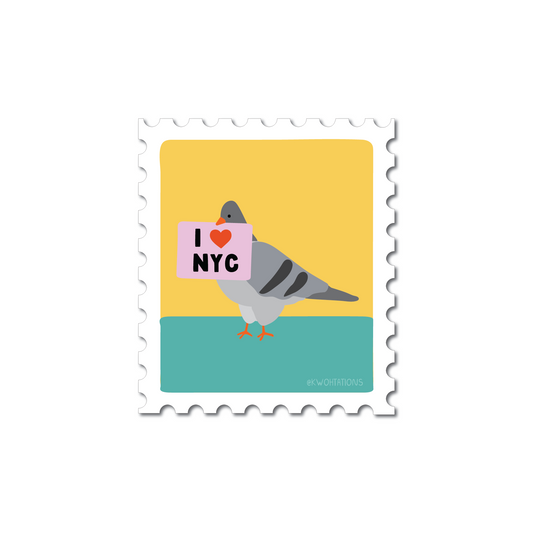 NYC Pigeon Sticker featuring a cartoon pigeon holding an I love NYC sign on a colorful background.