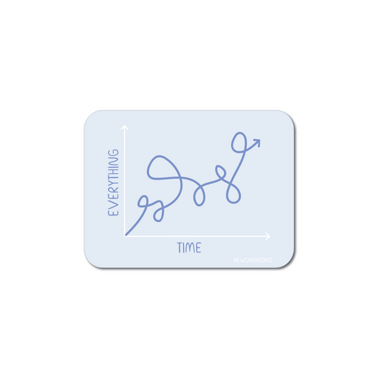 Graph of Everything Sticker showing a blue whimsical line graph labeled Everything versus Time on a light background.