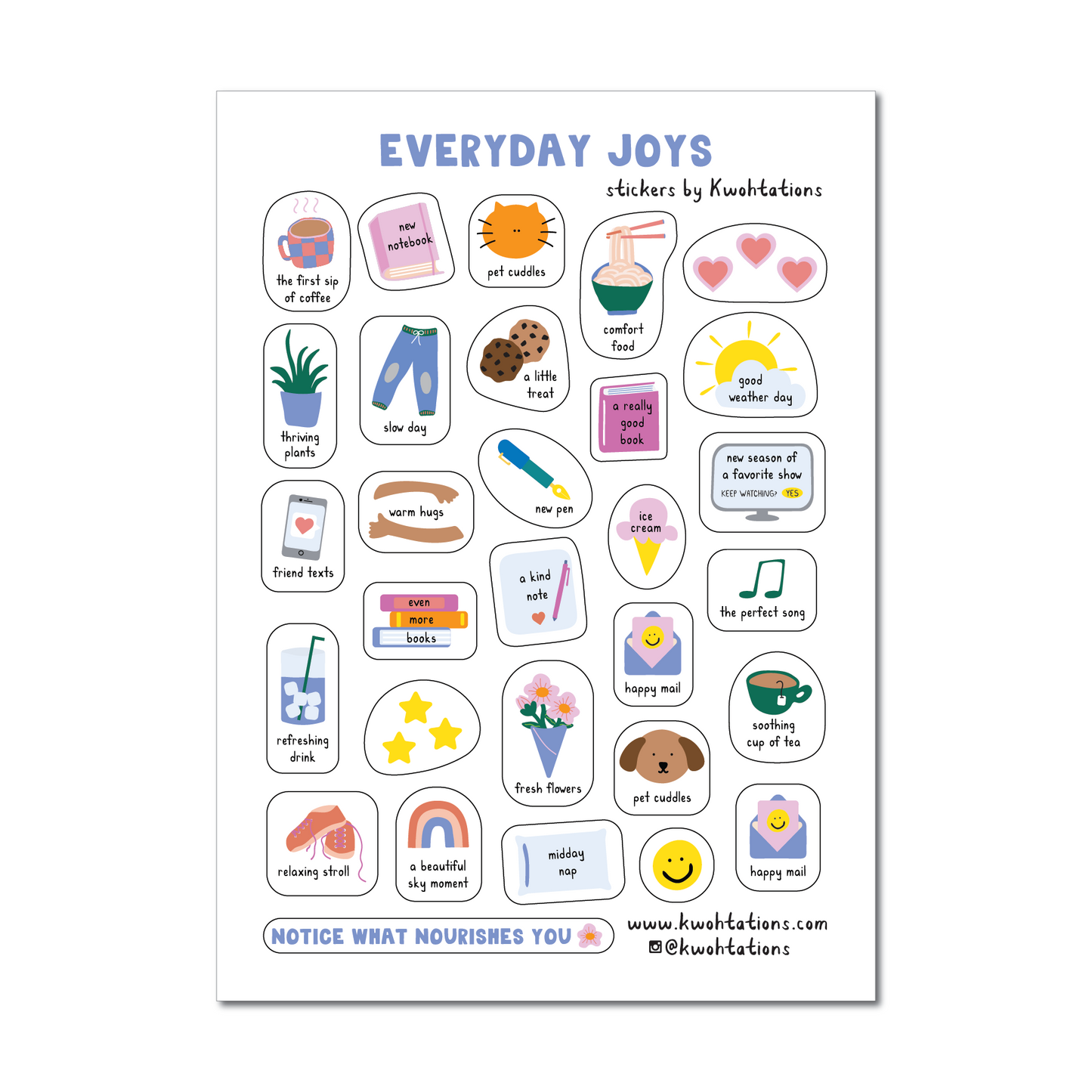 Sticker sheet titled Everyday Joys with 30 small transparent planner stickers featuring cozy daily moments and icons.