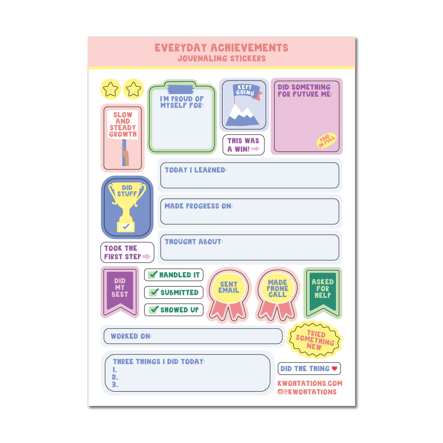 Sticker sheet titled Everyday Achievements with writable spaces and motivational phrases for journaling and planning progress.