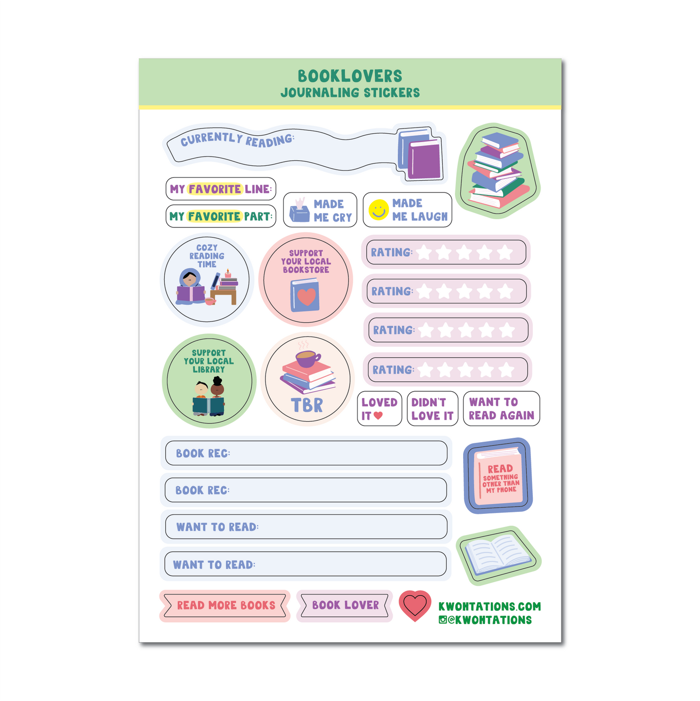 Booklovers writable planner sticker sheet with book icons, reading prompts, rating stars, and journaling labels on white background