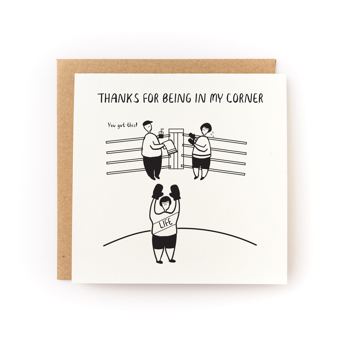 Thanks For Being In My Corner Letterpress Card with boxing ring illustration and supportive message on soft white cardstock