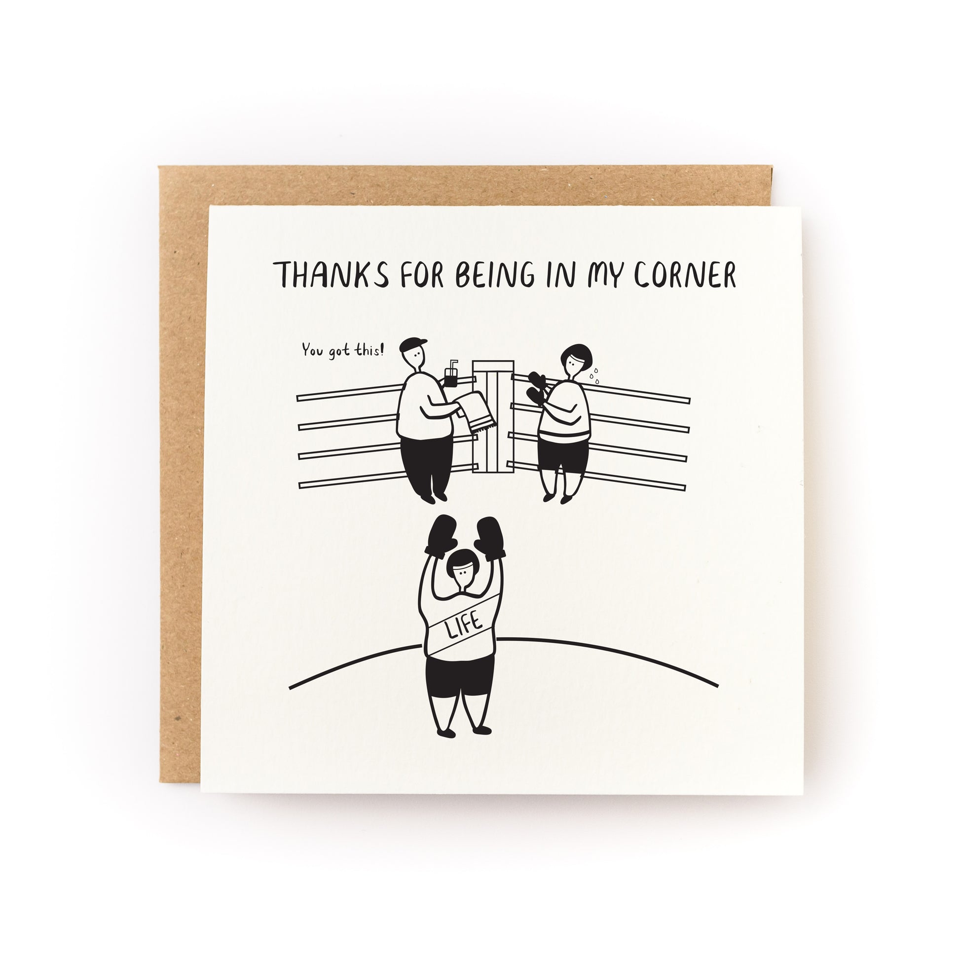 Thanks For Being In My Corner Letterpress Card with boxing ring illustration and supportive message on soft white cardstock