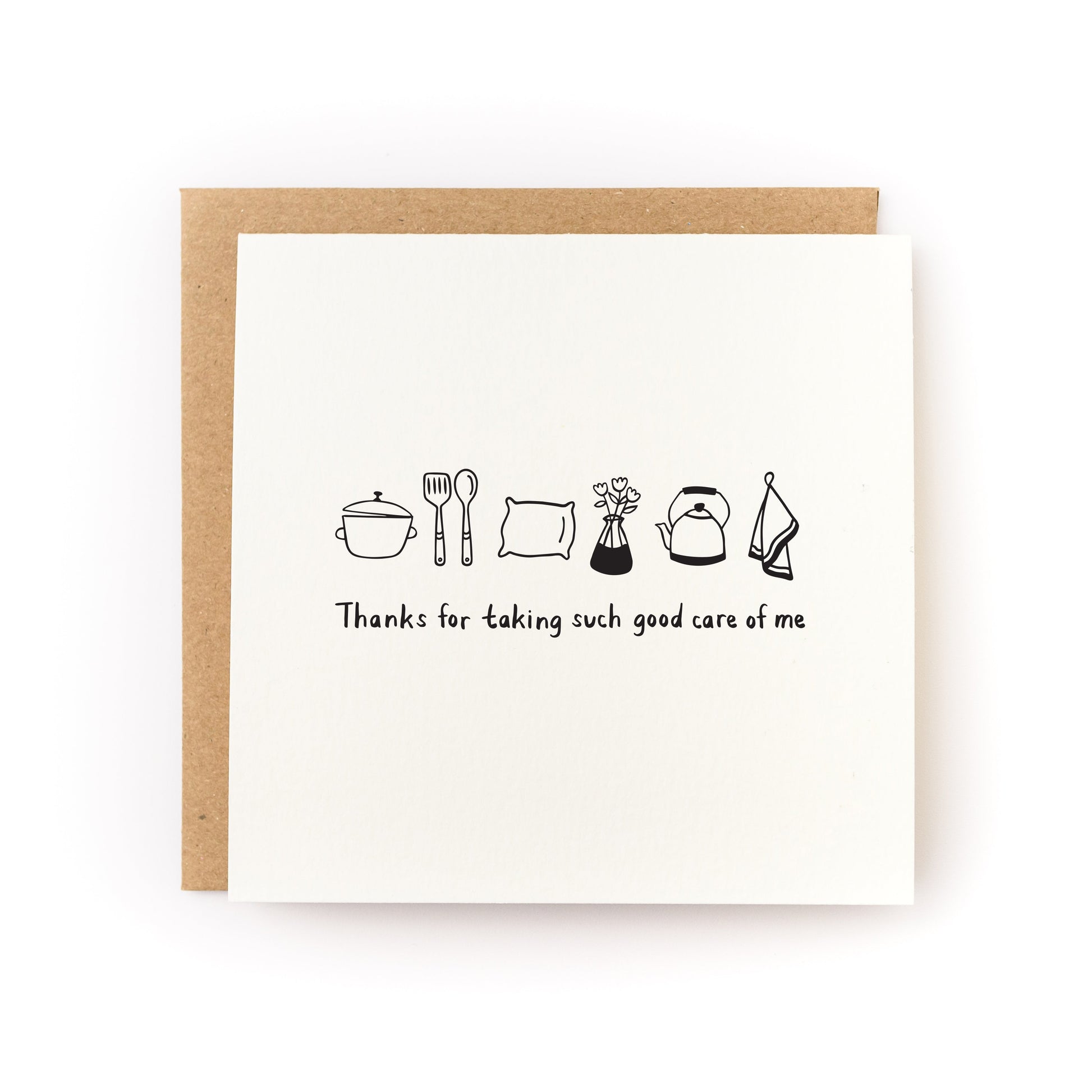 Thanks For Taking Such Good Care of Me Letterpress Card with kitchen utensils and flowers on white cardstock.