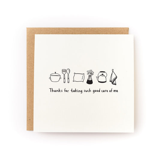 Thanks For Taking Such Good Care of Me Letterpress Card with kitchen utensils and flowers on white cardstock.