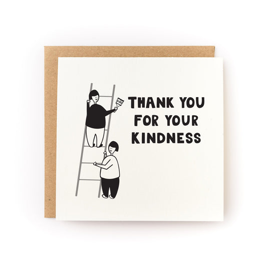 Thank You For Your Kindness Letterpress Card with black text and illustration on white card with kraft envelope.