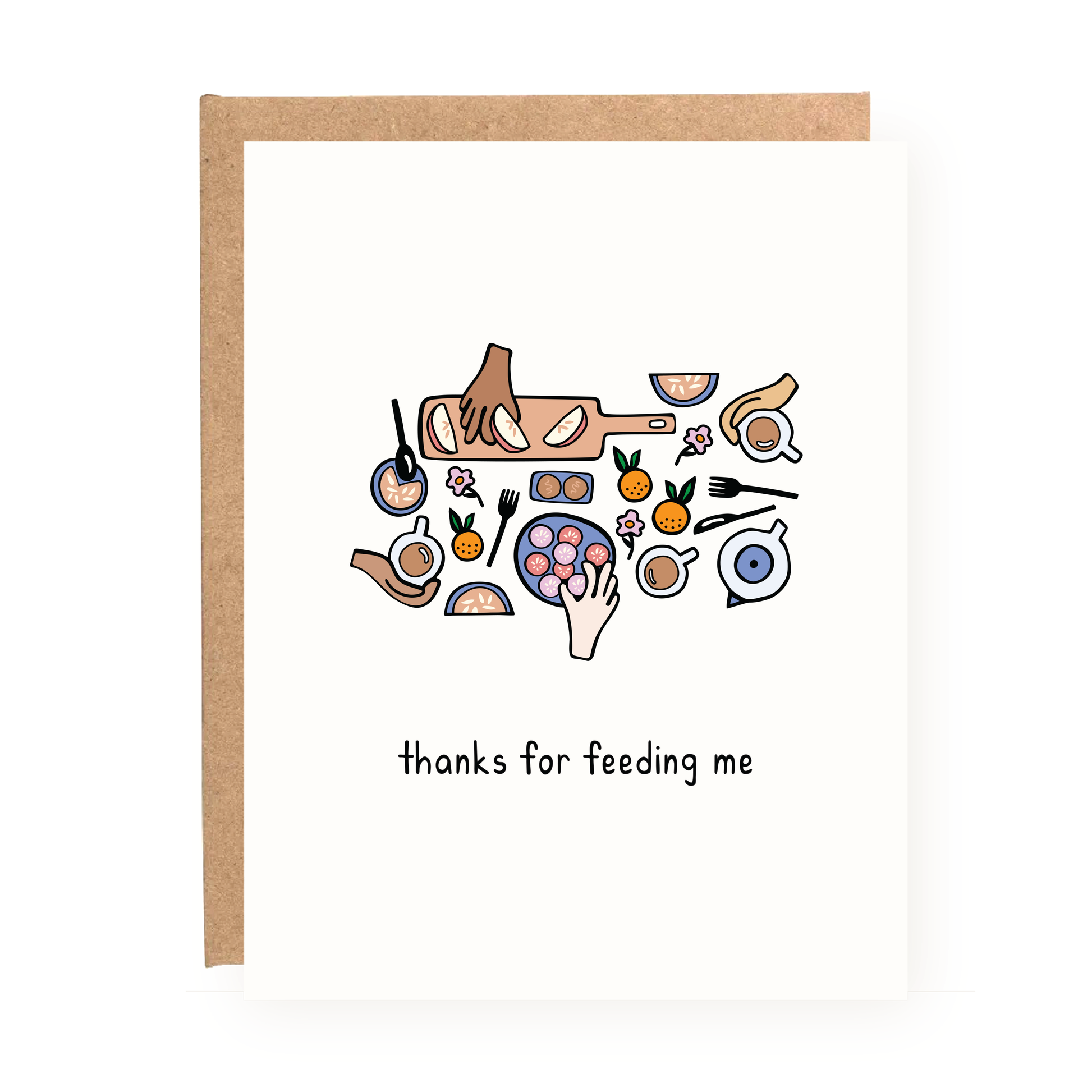 Thanks for Feeding Me Card with illustration of hands sharing food on white cardstock with kraft envelope