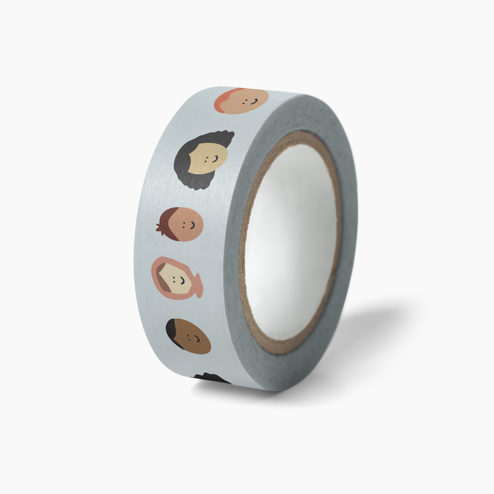 Stronger Together Washi Tape with diverse illustrated faces on light blue washi paper, 15mm x 10m roll, packaged shrink-wrapped