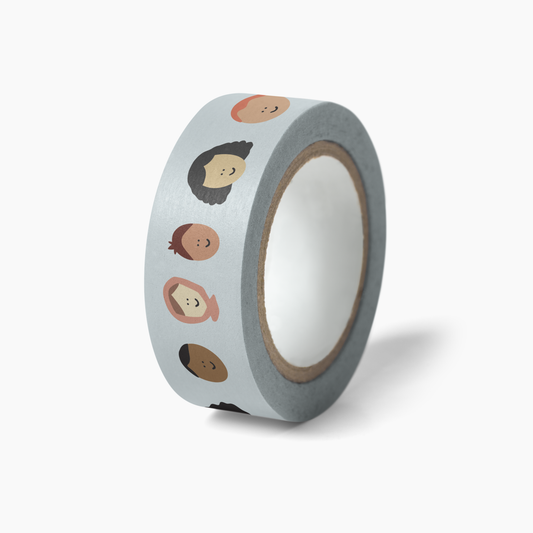 Stronger Together Washi Tape with diverse illustrated faces on light blue washi paper, 15mm x 10m roll, packaged shrink-wrapped