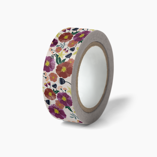 Flowers For You Washi Tape roll with colorful floral patterns on a beige background, 15mm width by 10m length.