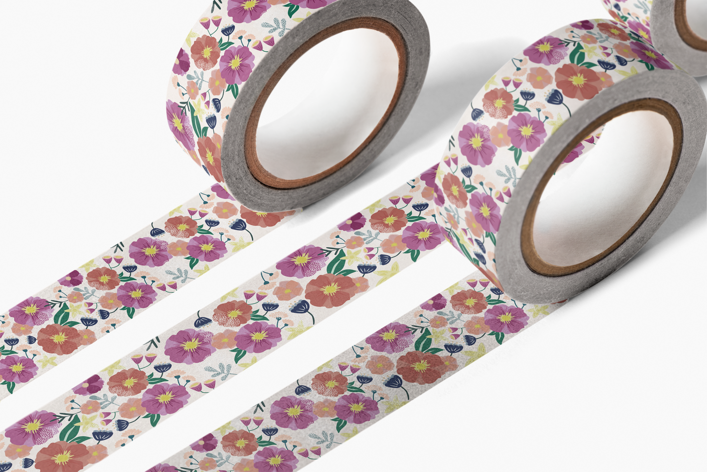 Flowers For You Washi Tape featuring colorful floral patterns on 15mm wide rolls with 10m length, packaged in shrink wrap.