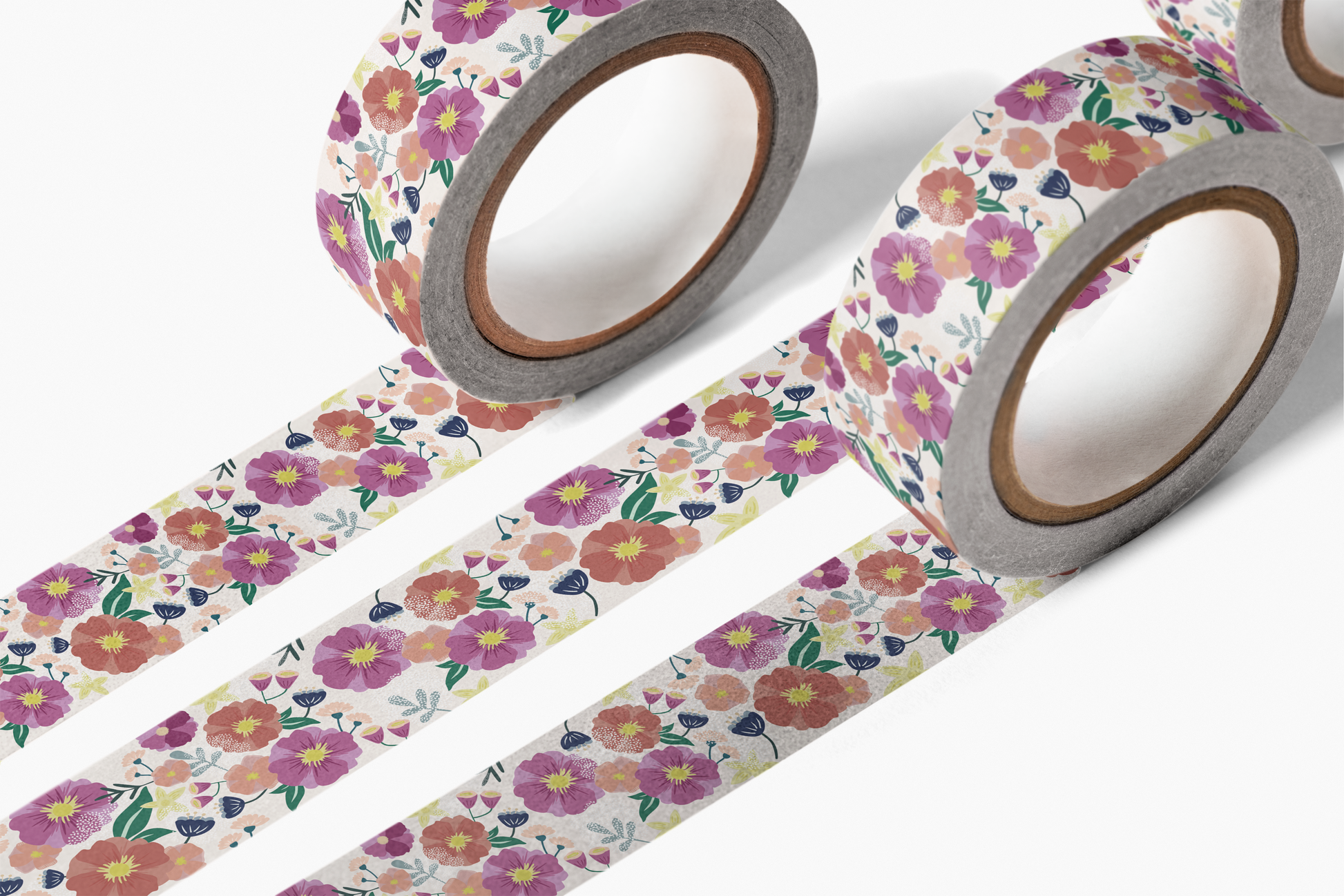Flowers For You Washi Tape featuring colorful floral patterns on 15mm wide rolls with 10m length, packaged in shrink wrap.