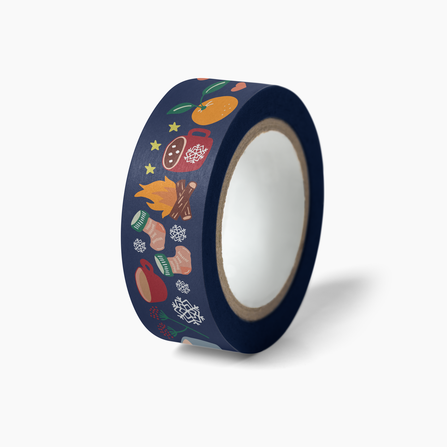Cozy Winter Washi Tape featuring winter-themed illustrations of mugs, socks, oranges, fires, and snowflakes on navy blue background.