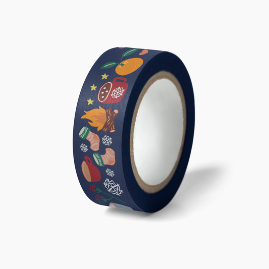 Cozy Winter Washi Tape featuring winter-themed illustrations of mugs, socks, oranges, fires, and snowflakes on navy blue background.
