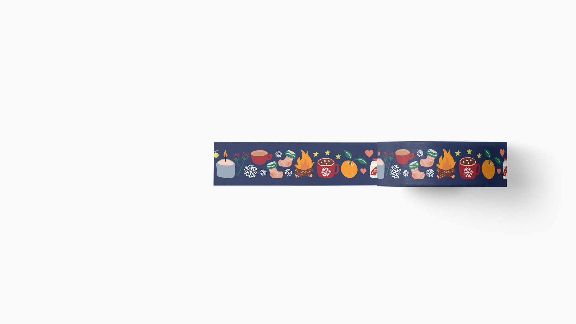 Cozy Winter Washi Tape featuring illustrations of hot drinks, fire, oranges, mittens, and winter elements on navy background.