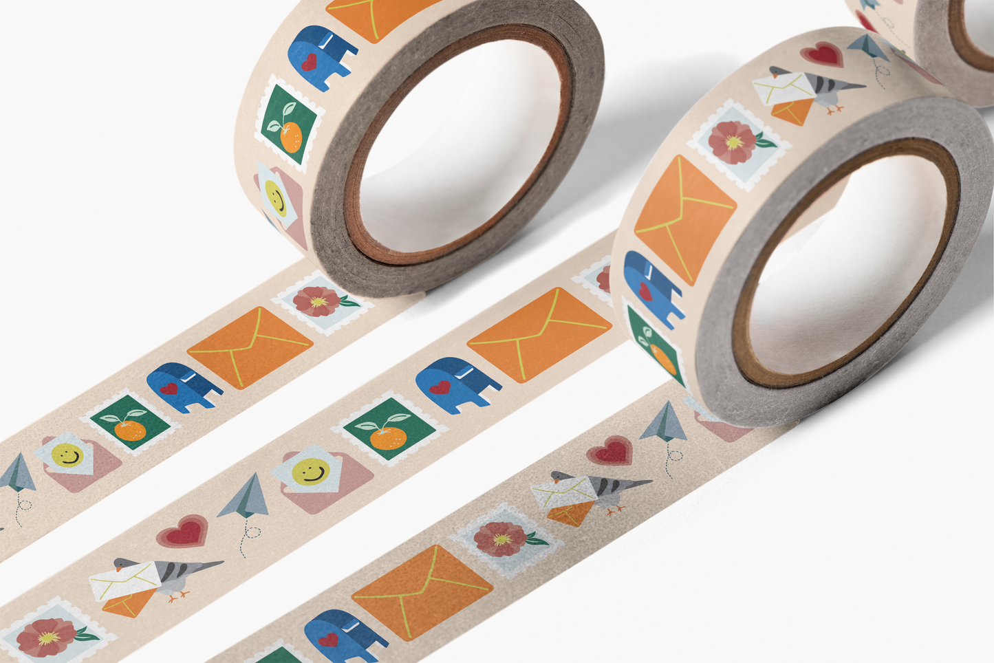 Happy Mail Washi Tape with original mail-themed illustrations, 15mm wide, 10m length, packaged in shrink wrap.
