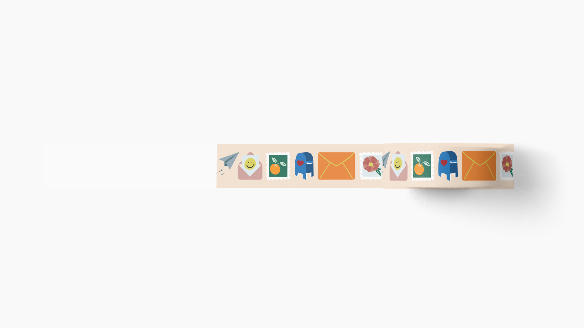 Happy Mail Washi Tape with colorful mail-themed illustrations on beige washi paper, 15mm width by 10m length roll.