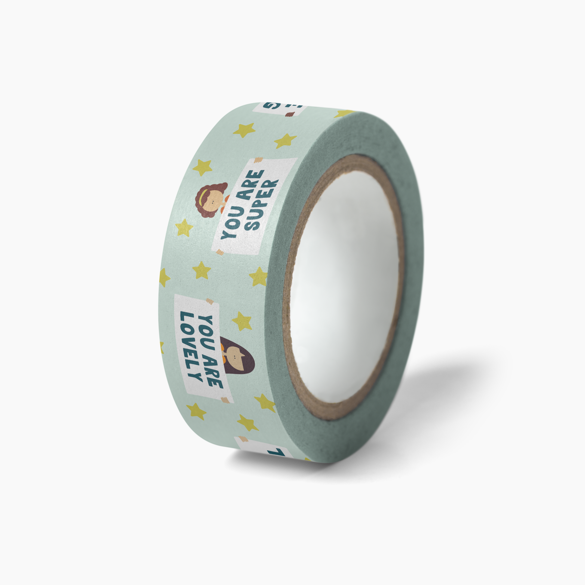 You Are Amazing Washi Tape roll with positive messages and star illustrations on light blue background.