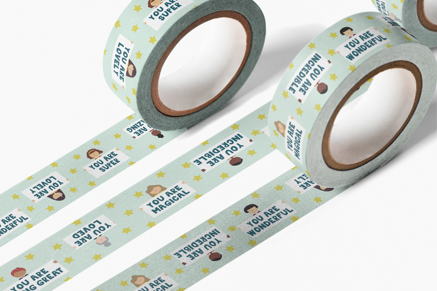 You Are Amazing Washi Tape with positive messages and original illustrations, 15mm x 10m, packaged and designed in the USA.