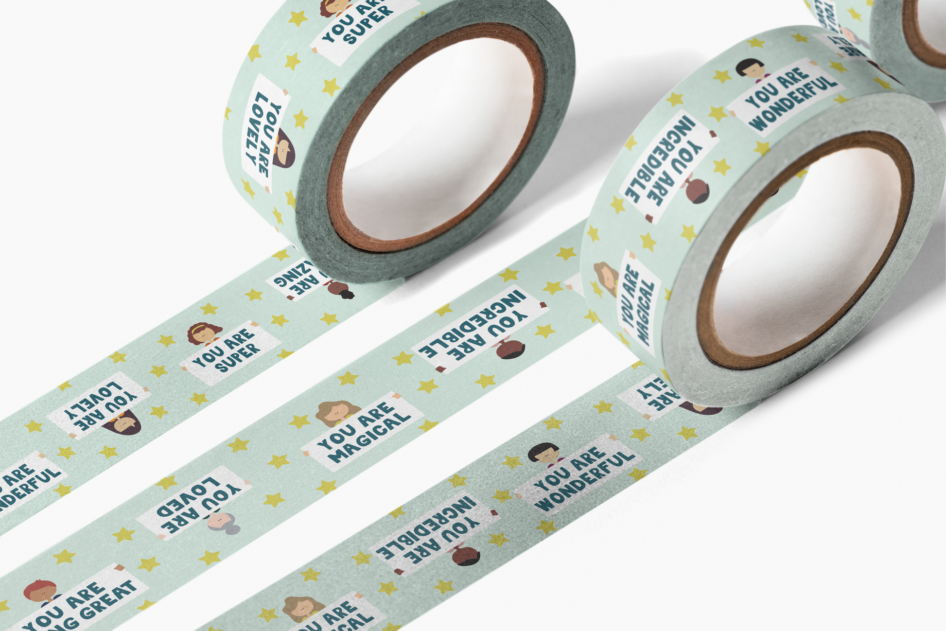 You Are Amazing Washi Tape with positive messages and original illustrations, 15mm x 10m, packaged and designed in the USA.