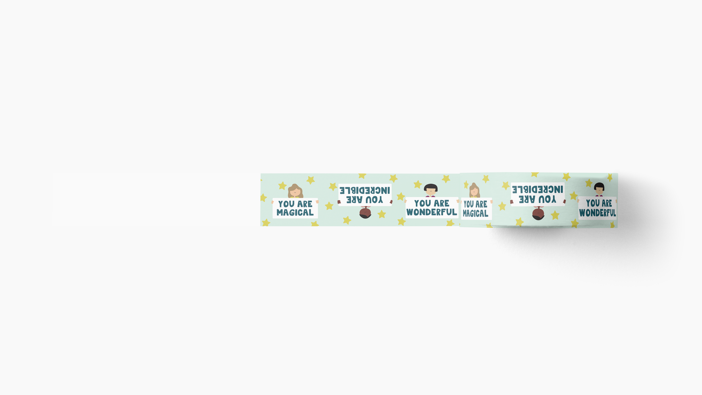 You Are Amazing Washi Tape with positive messages like You Are Magical and You Are Wonderful, 15mm wide, 10m long.