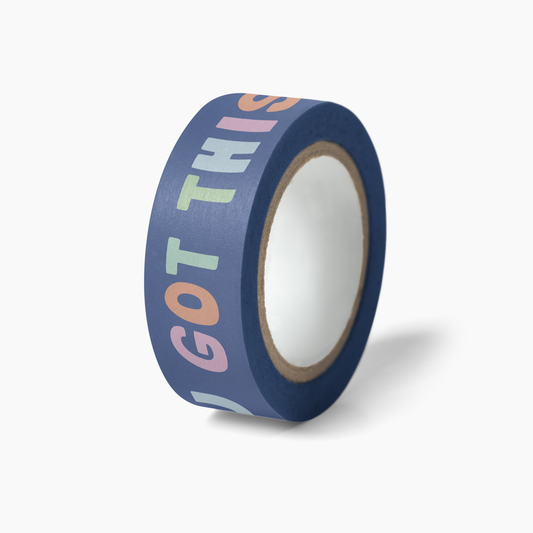 Pep Talk Washi Tape roll with colorful motivational text on blue washi paper, 15mm width and 10m length.