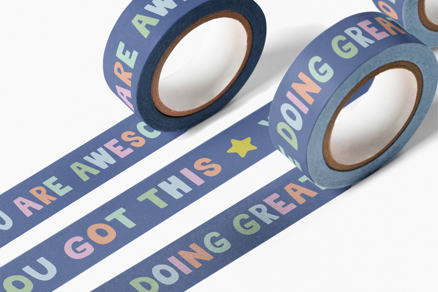 Pep Talk Washi Tape with motivational phrases like You got this and You are amazing in colorful letters on blue tape.