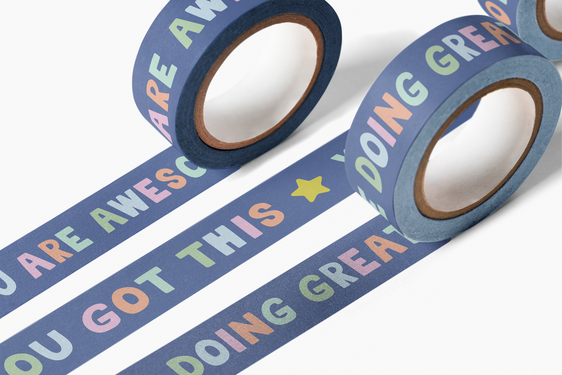 Pep Talk Washi Tape with motivational phrases like You got this and You are amazing in colorful letters on blue tape.