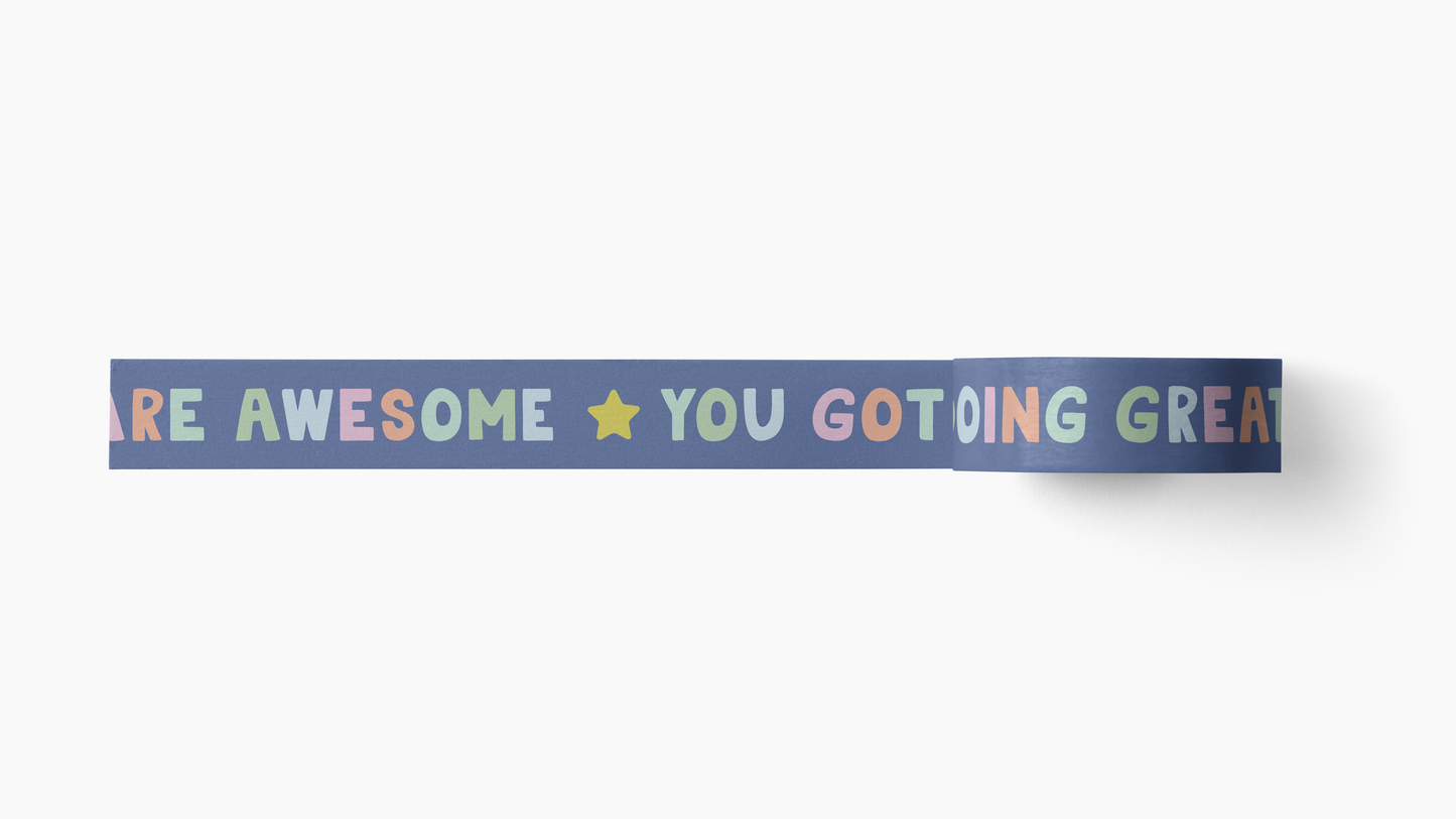 Pep Talk Washi Tape with colorful motivational phrases and original illustrations on blue washi paper tape.