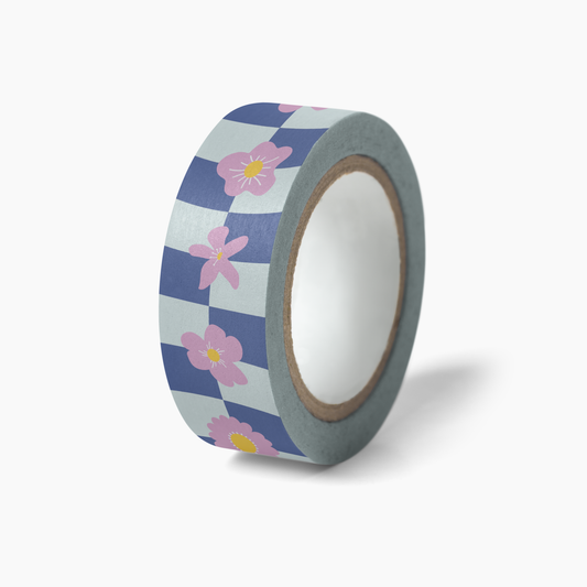 Floral Picnic Washi Tape with bright pink flowers and blue checker pattern, 15mm width, 10m length roll.