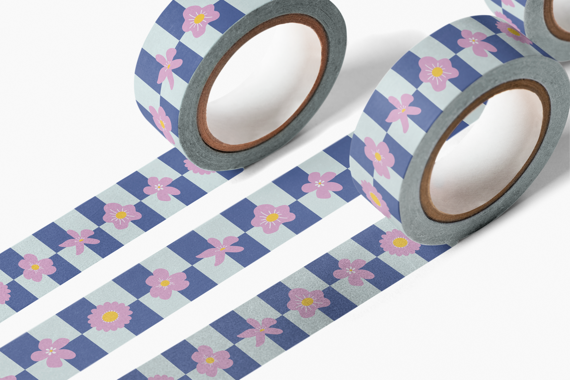 Floral Picnic Washi Tape with bright flowers and blue checkers, 15mm width, 10m length, packaged in shrink wrap.