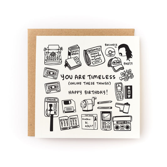 You Are Timeless Letterpress Card featuring vintage tech illustrations like typewriter and cassette tape on white cardstock.